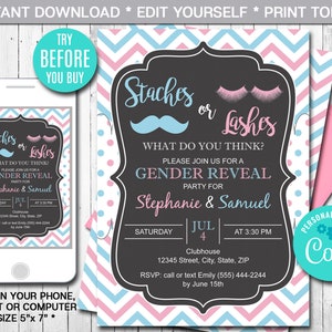 Staches or Lashes Gender Reveal Party Invitation, Boy or Girl, Blue or Pink, Printable Invitation, Instant Download, Digital, Editable G-005