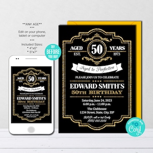 Invitación de cumpleaños &quot;Añejado a la perfección&quot;, para cualquier edad, dorada, etiqueta de whisky editable, descarga instantánea (Corjl)