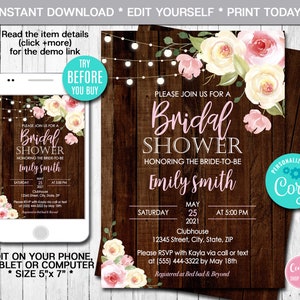 Editable Bridal Shower Invitation Rustic Birthday Invitation Boho Floral Bridal Shower Invitation Printable Template Instant Download CORL image 1