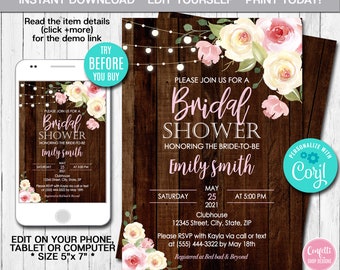 Editable Bridal Shower Invitation Rustic Birthday Invitation Boho Floral Bridal Shower Invitation Printable Template Instant Download CORL