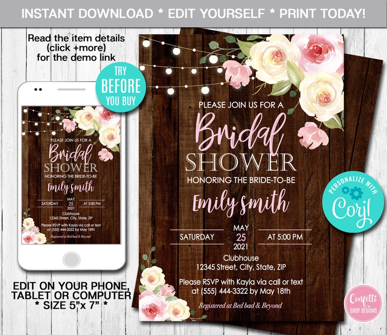 Editable Bridal Shower Invitation Rustic Birthday Invitation Boho Floral Bridal Shower Invitation Printable Template Instant Download CORL image 1