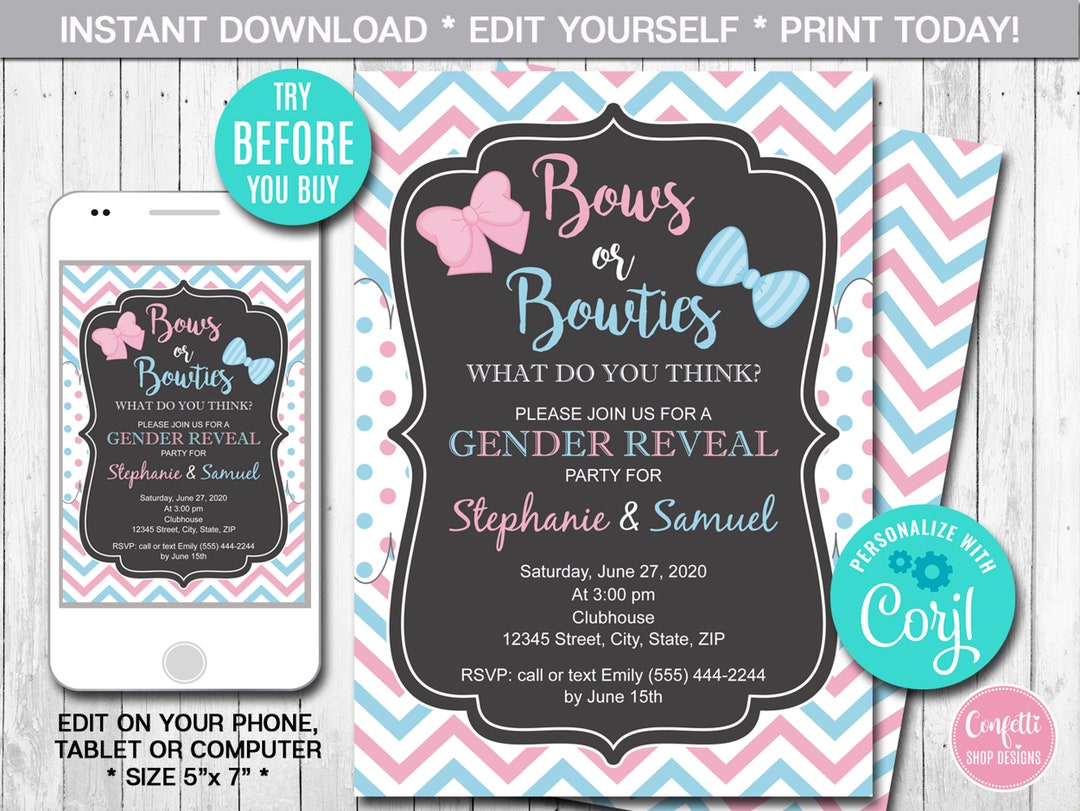Bows or Bowties Gender Reveal Party Invitation, Boy or Girl, Blue or