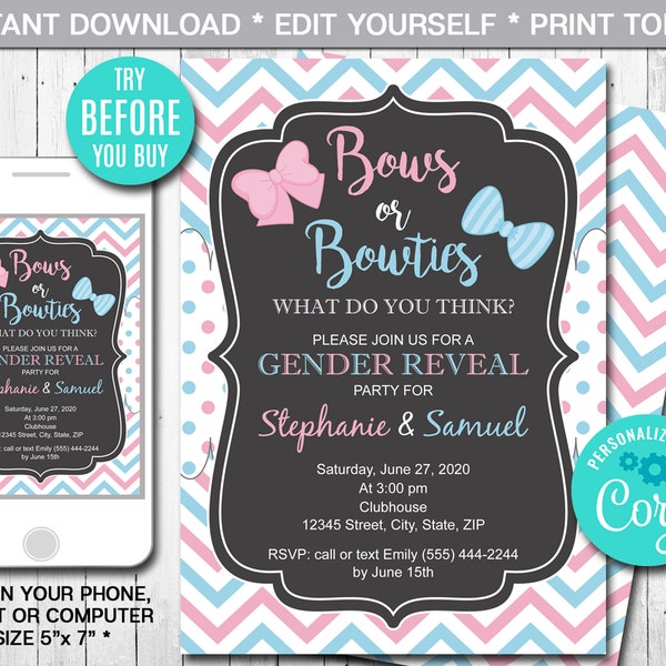 Bows or Bowties Gender Reveal Party Invitation, Boy or Girl, Blue or Pink, Printable Invitation, Instant Download, Digital, Editable