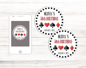May include: Two round birthday party favors with the text "OLIVIA'S 50th BIRTHDAY" in red, surrounded by black dotted circles. The favors also include playing card suit symbols and the date "JANUARY 4, 2025". A smartphone displays a similar design.