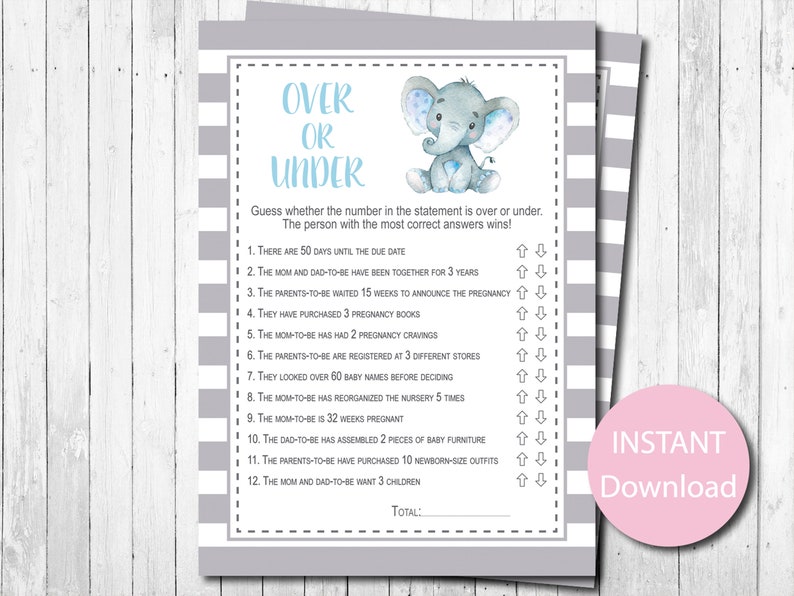 Over or Under Baby Shower Game Boy Elephant Baby Shower - Etsy