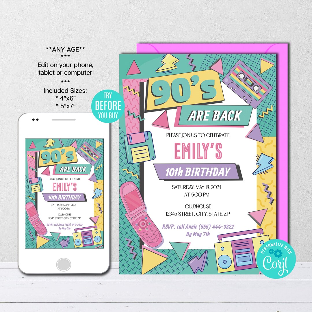 Editable 90's Birthday Invitation Template, 80's Party Invitation