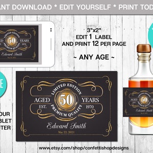 EDITABLE Mini Liquor Bottle Label, Aged to Perfection, Any Age, Gold, Whiskey Label, Instant Download, CORJL, Digital File