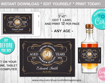 EDITABLE Mini Liquor Bottle Label, Aged to Perfection, Any Age, Gold, Whiskey Label, Instant Download, CORJL, Digital File