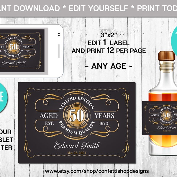 EDITABLE Mini Liquor Bottle Label, Aged to Perfection, Any Age, Gold, Whiskey Label, Instant Download, CORJL, Digital File