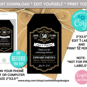 編集可能な完璧な熟成記念品タグ、あらゆる年齢、誕生日の感謝タグ、ギフトタグ、ウイスキー記念品タグ、即時ダウンロード、CORJL、退職