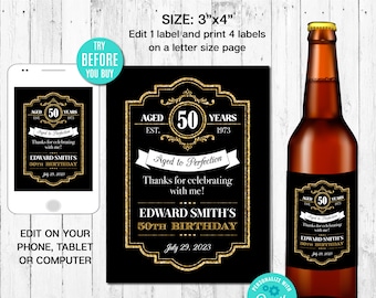 EDITABLE Beer Bottle Label, Aged to Perfection, Any Age, Gold, Whiskey Label, Retirement, Birthday, Instant Download, CORJL, Digital File
