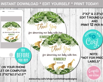 EDITABLE Safari Gold Baby Shower Favor Tag Boy Jungle Favor Tag Safari Birthday Thank You Tag Gift Tag Gold Animals Instant Download CORJL