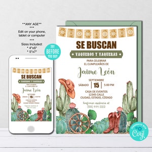 Sjabloon westerse verjaardagsuitnodiging, BEWERKBARE Spaans westerse verjaardagsuitnodiging, wilde westen uitnodiging, Texas verjaardag, Vaqueros, cactus
