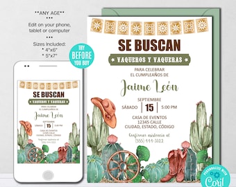 Western Birthday Invitation Template, EDITABLE Spanish Western Birthday Invitation, Wild West Invitation, Texas Birthday, Vaqueros, Cactus