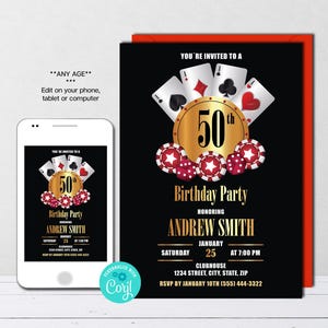 Invitación de cumpleaños editable para una noche de casino, invitación para una fiesta de póquer por el 50.° cumpleaños, fiesta de jubilación, naipes de póquer, descarga instantánea