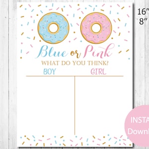 Breng je stem uit: Donuts, gender Reveal, stembord, jongen of meisje, hij of zij, roze of blauw, babyshowergames direct downloaden, afdrukbaar