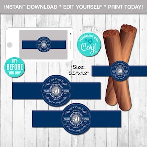 EDITABLE Cigar Labels 50th Birthday Cigar Band Aged to Perfection Any Age Navy Blue and Silver Whiskey Label, Instant Download CORJL