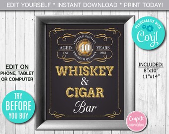 Editable Whiskey and Cigar Bar Sign ANY AGE to Perfection Birthday Party Sign Gold Whiskey Label Sign, Party Decor Instant Download