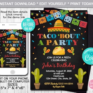 Editable Taco 'Bout A Party Invitation, Mexican Invitation, Fiesta Invitation, Party Invite, Printable Template, Instant Download, CORJL