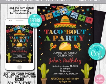Editable Taco 'Bout A Party Invitation, Mexican Invitation, Fiesta Invitation, Party Invite, Printable Template, Instant Download, CORJL