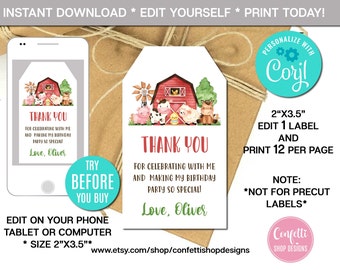 Farm Animals Thank You Tag, Editable Birthday Favor (Digital Download)