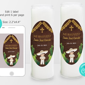 EDITABLE Prayer Candle Label, Charro Toddler Baptism Tall Candle Label, Mexican Theme, Memorial Candle Favor Tag, Spanish, Instant Download