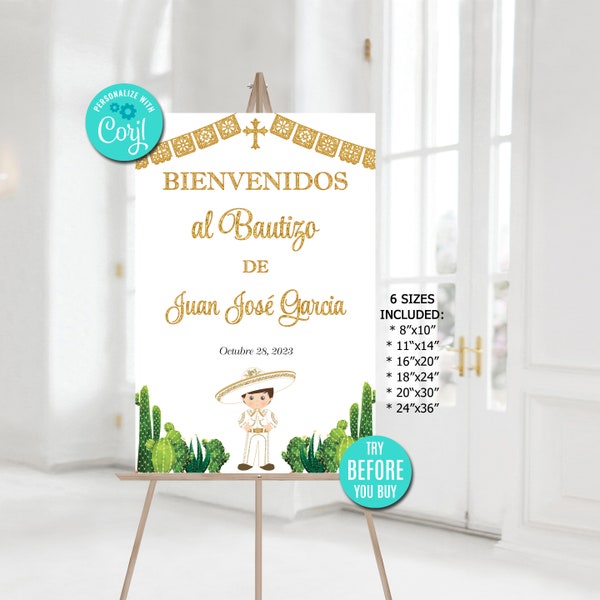 Editable Baptism Welcome Sign, Charro Boy, Spanish, Cartel de Bienvenida, Bautizo, Cactus, Mexican Theme, Printable, Instant Download