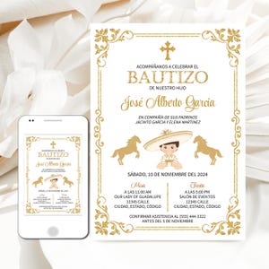 Modelo editável de convite para batismo e aniversário de Charro espanhol, convite para batismo de Charro menino dourado, tema mexicano, download instantâneo