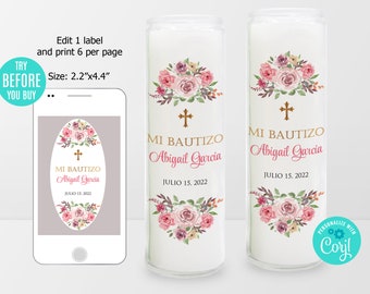 EDITABLE Candle Label Template, Baptism Tall Prayer Candle Label, Pink Floral Printable Label, Memorial Candle Favor Tag, Instant Download