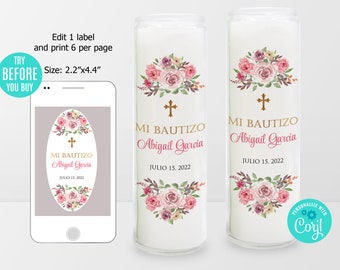 Etiqueta EDITABLE de oración de velas, etiqueta de vela alta de bautismo, etiqueta de vela floral rosa, etiqueta de favor de vela conmemorativa, español, descarga instantánea