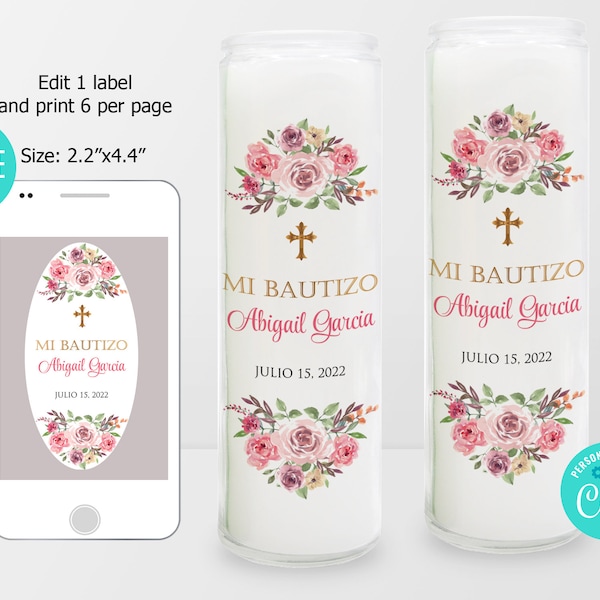 Etiqueta EDITABLE de oración de velas, etiqueta de vela alta de bautismo, etiqueta de vela floral rosa, etiqueta de favor de vela conmemorativa, español, descarga instantánea