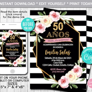 Bewerkbare verrassing 50e verjaardagsuitnodiging Spaans elke leeftijd Boho Floral verjaardagsuitnodiging Vrouwen verjaardag uitnodigen afdrukbare Instant Download