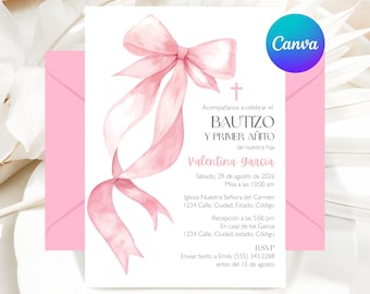 Spanish Baptism and First Birthday Invitation Coquette Pink Bow, Invitacion Bautizo y Primer Año Niña, Canva Editable Digital Template 5x7