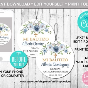 Etiqueta de lembrança de batismo floral editável, menino, Mi Bautizo, etiqueta de lembrança espanhola, flores, azul e dourado, para impressão, modelo, download instantâneo, CORJL