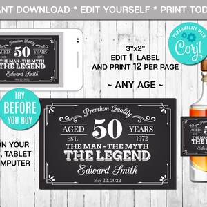 EDITIERBARE Mini-Schnapsflasche Etikett, der Mann der Mythos Die Legende, Mini-Schnapsetikett, Whiskyetikett, weiß, gealtert bis zur Perfektion Sofort-Download