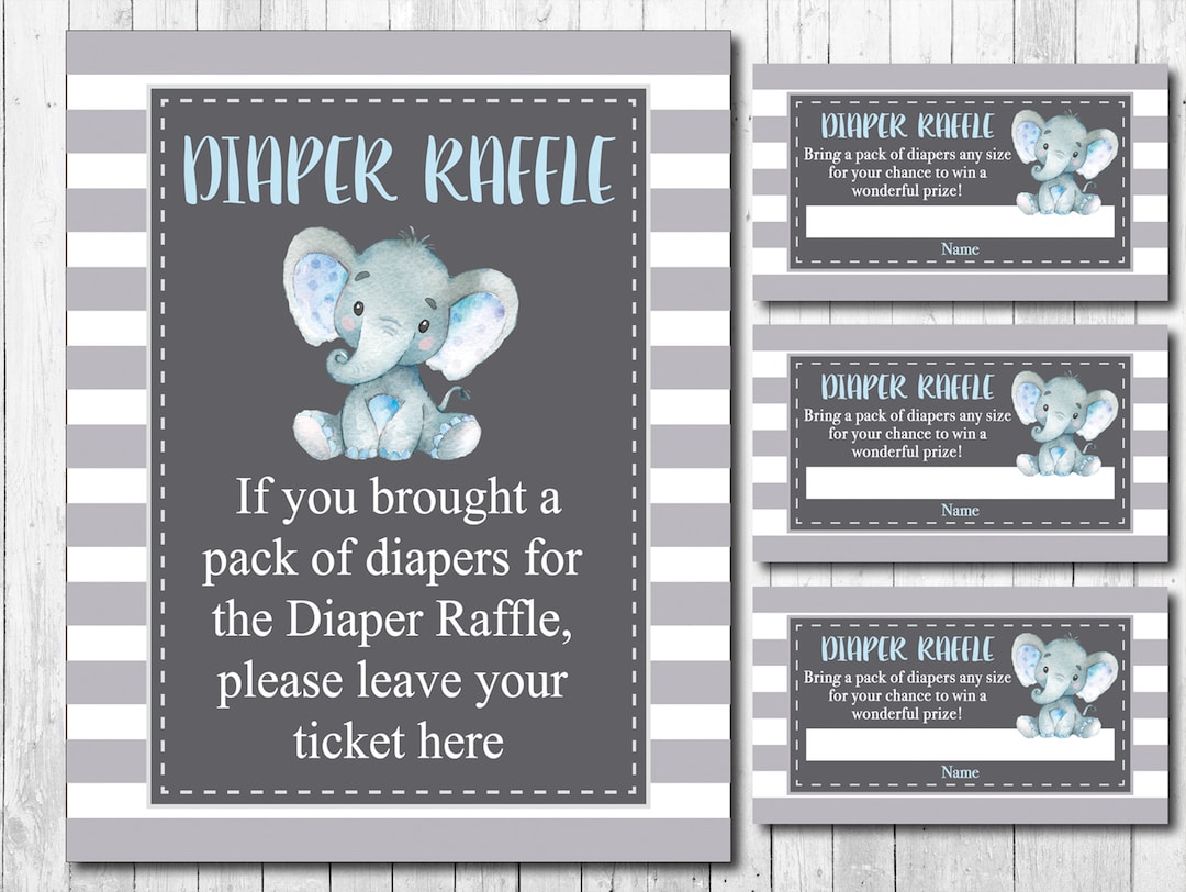 Watercolor Elephant Diaper Raffle Tickets and Sign, Boy, Blue and Gray ...