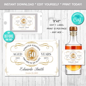 編集可能なミニ酒瓶ラベル、完璧に熟成、ヴィンテージ、あらゆる年齢、ゴールド、ウイスキーラベル、即時ダウンロード、CORJL、デジタルファイル