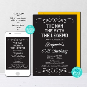 Editable The Man The Myth The Legend Birthday Invitation ANY AGE Aged to Perfection Birthday Invite Vintage Birthday Party Instant Download