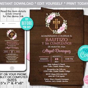 Convite Editável de Batismo Menina Espanhola Convite Rústico Madeira Convite de Batizado Bautizo Rosa e Dourado, Floral Download Instantâneo CORJL