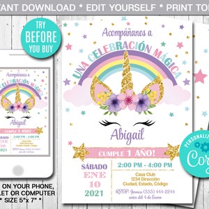 Editable Unicorn Invitation, Spanish Birthday Invitation, Girl, Any Age, Rainbow, Gold, Unicorn Head Magical Unicorn Printable, Digital File