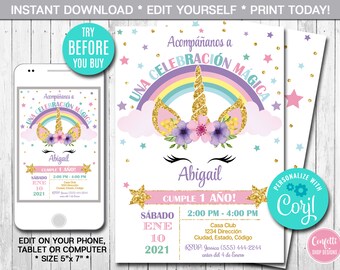 Editable Unicorn Invitation, Spanish Birthday Invitation, Girl, Any Age, Rainbow, Gold, Unicorn Head Magical Unicorn Printable, Digital File