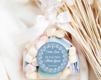 Cielito Lindo Baptism Sticker Tag, Editable Template, Mexican Barro Theme Favor Tag, Blue Papel Picado, Talavera Flowers, Digital Download