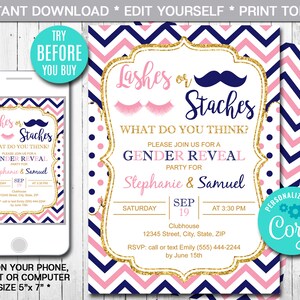 Staches or Lashes Gender Reveal Party Invitation, Boy or Girl, Navy Blue or Pink, Printable Invitation, Instant Download, Digital, Editable