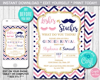 Staches or Lashes Gender Reveal Party Invitation, Boy or Girl, Navy Blue or Pink, Printable Invitation, Instant Download, Digital, Editable