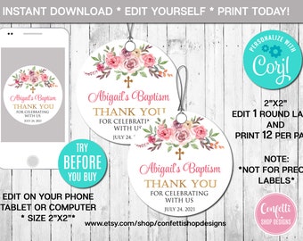 Editable Floral Baptism Favor Tag, Girl, Christening Favor Tag, First Communion, Flowers, Pink and Gold, Printable, Instant Download, CORJL