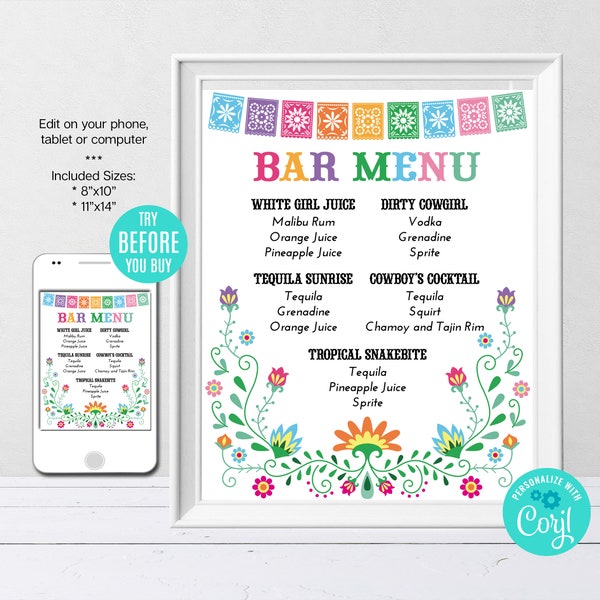 Editable Bar Menu Sign, Fiesta Party Menu, Drinks, Mexican Party, Mexican theme, Custom Printable, Instant Download, Party Decor, CORJL