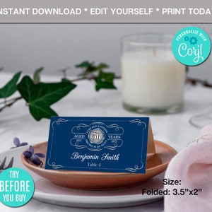 EDITABLE Place Card Template, Aged To Perfection, Any Age, Navy Blue, Silver, Whiskey Label, Instant Download, CORJL