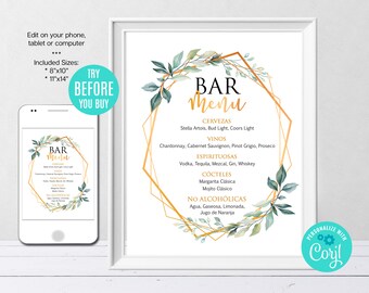 Editable Bar Menu Sign, SPANISH, Greenery, Baptism, Christening, Gold, Custom Printable, Instant Download, Digital File, CORJL