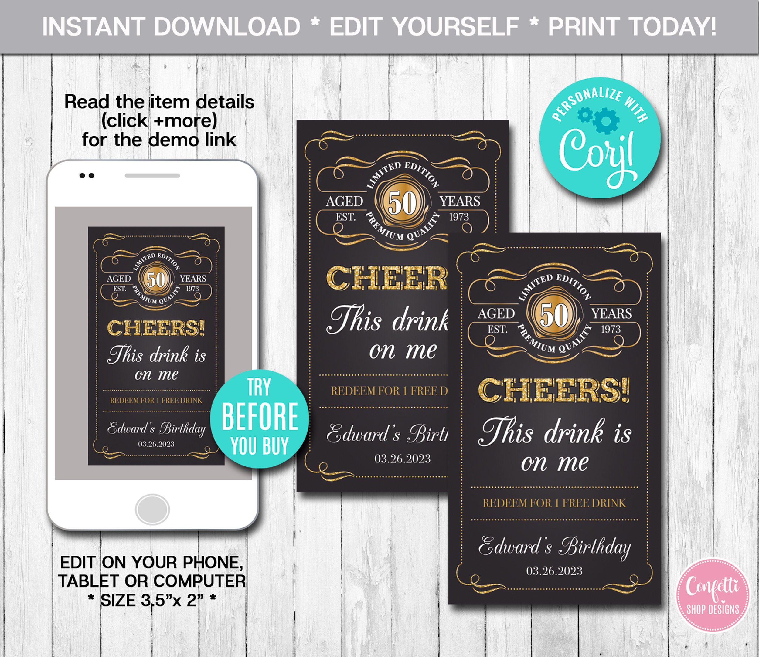 Editable Drink Ticket Template, Aged To Perfection, Vintage Birthday Party, Favor Tag, Whiskey, Instant Download, Printable, CORJL