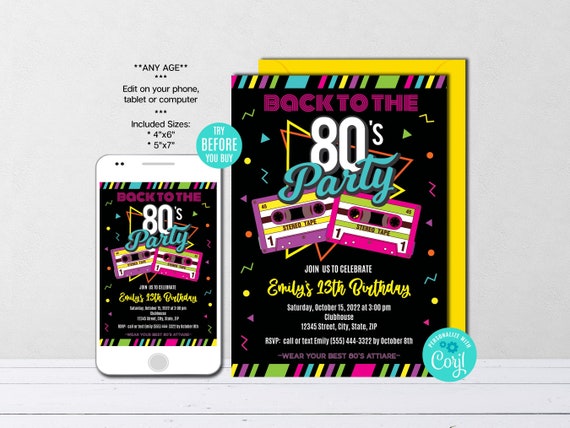Editable 80's Birthday Party Invitation, Customizable Retro Birthday Invite, Back to the 80's  Invitation, Instant Download, Tempate